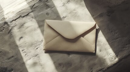 A light beige envelope rests on a textured surface.