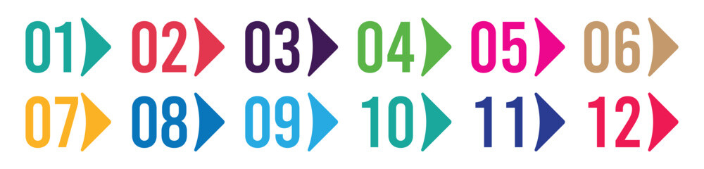 Colorful number bullet points 1 to 12 vector set.