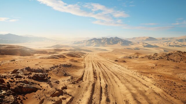 A serene desert landscape featuring a sandy track winding through a vast, empty terrain under a clear blue sky, revealing the beauty of nature.