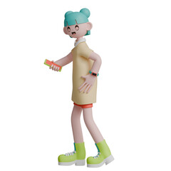 3d render woman character looking sideways while smiling to the front pose gesture