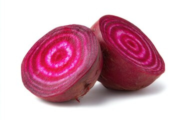 Halved beetroot showing vivid magenta rings, isolated