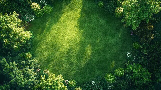 Overhead view of a lush green garden.  A circle of vibrant greenery surrounds a patch of manicured lawn, bathed in sunlight.  Shadows subtly highlight the landscape design
