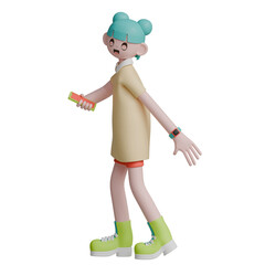 3d render woman character looking sideways while smiling to the front pose gesture