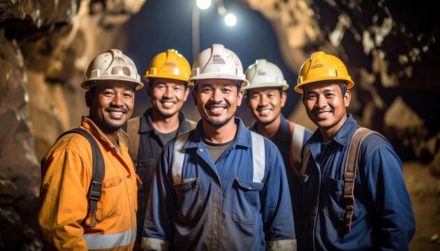 Smiling miners in a dark cave