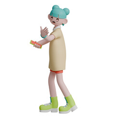 3d render woman character looking sideways while greeting people pose gesture