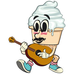 cute ice cream cone mascot cartoon vector character with waffle cone and vanilla topping with moustache playing guitar, work of hand drawn
