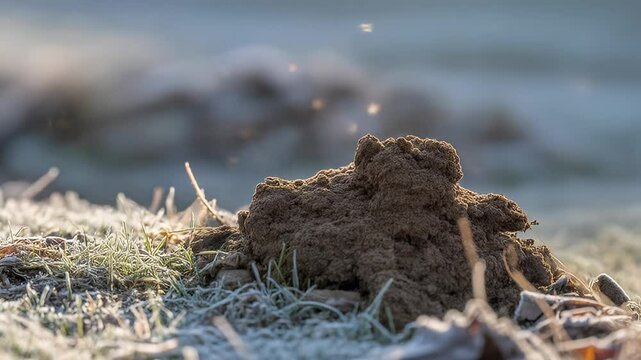 Close-up of fresh horse poo in a field with blurred natural background, capturing realistic texture and early morning light