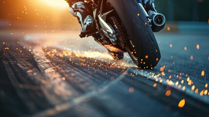 A stunning close-up shot captures the dynamic moment of a superbike racing on the track, showcasing tire sparks and high-speed action during sunset.