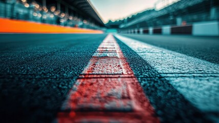 This close-up shot captures an empty F1 track at sunset, focusing on the vibrant racing line. The image showcases rich colors and intricate textures.