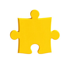 Obraz premium A single yellow jigsaw puzzle piece with one knob and two sockets, shown in a 3D style.
