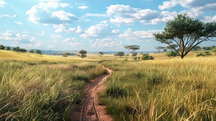 Fototapeta premium A serene landscape showcasing a winding track through tall grasses in a vibrant savanna, under a bright sky with fluffy clouds, perfect for nature lovers.