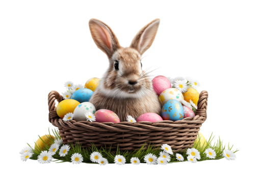 Easter bunny with colorful eggs in a basket on grass isolated against a transparent background