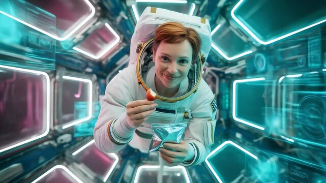 Astronaut eating freeze dried food in zero gravity space. 4K Video