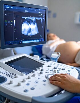 Echo-photographs of a pregnant woman with a large tummy and her baby
