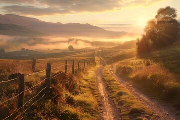 Sunrise path through golden hills
