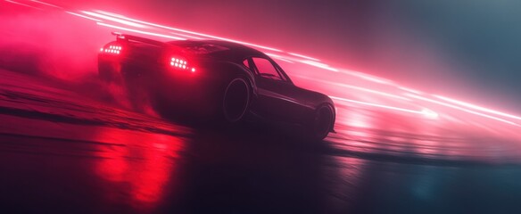 Dynamic Nighttime Car in Motion with Neon Lights and Dramatic Smoke Effects on Wet Surface