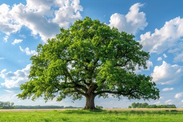 Obraz premium Majestic oak in a grassy field under a partly cloudy sky