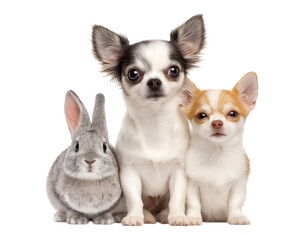 Naklejka premium Cute cat, rabbit, and Chihuahua dog sitting together isolated against a transparent background
