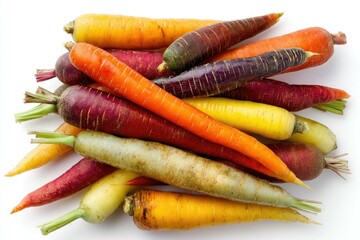 Heirloom carrots in various shades, mixed heap, isolated