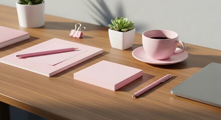 Pink Stationery and a Laptop on a Light Wood Desk