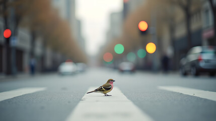 Lovebird Walking Along Urban Roadside in Diagonal View