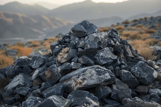 Dark rocks piled high on a hillside with hazy mountains in the background - Powered by Adobe