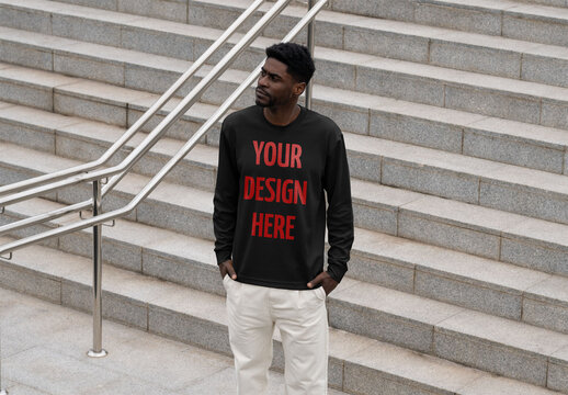 Mockup Of Man In Customizable Long Sleeved Top By Steps