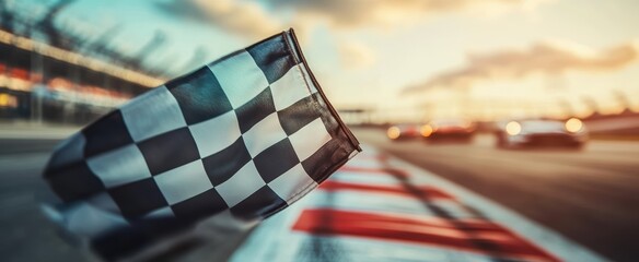 Race Flag Waving in Front of Racing Cars at Sunset on a Track with Blurred Background and Vibrant Colors