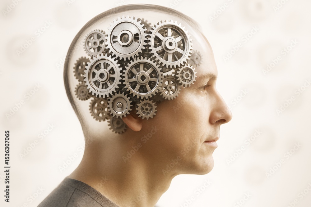 Leinwandbilder human head with mechanical gears integrated inside brain area on soft light background, symbolizing 