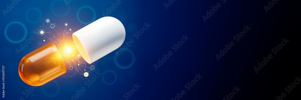 Poster glowing capsule pill with digital network structure on blue background, symbolizing futuristic scien