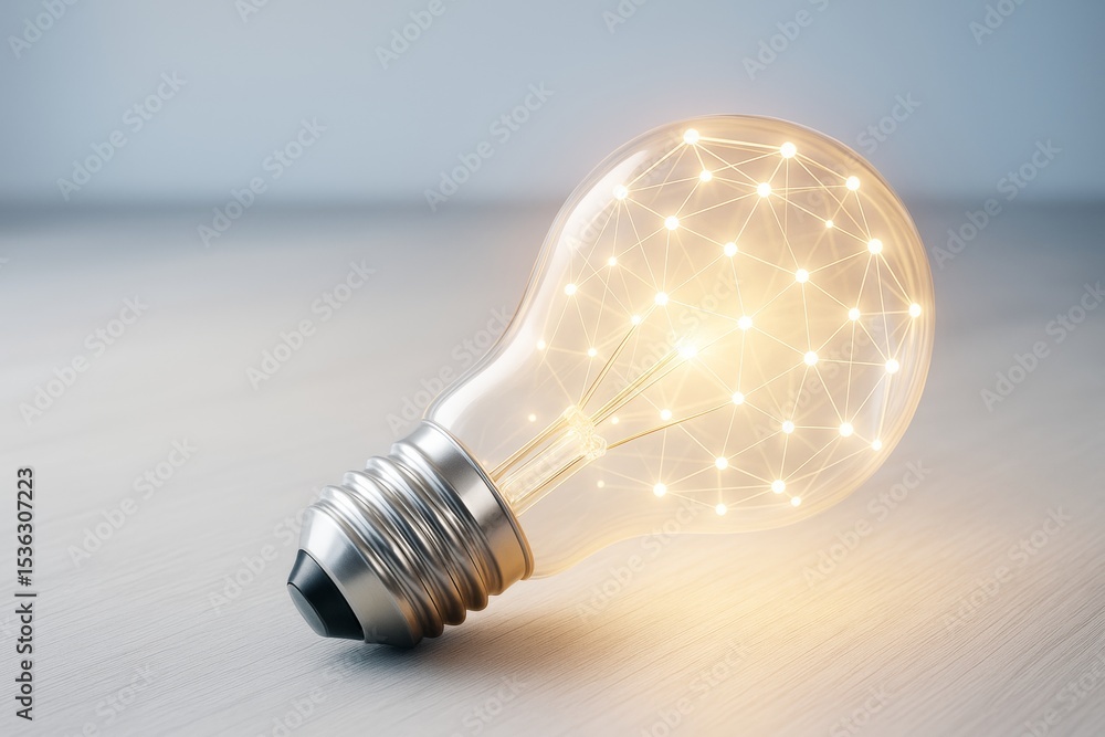 Poster Glowing lightbulb with neural network pattern symbolizing innovation and science on minimal background. Ai generative.