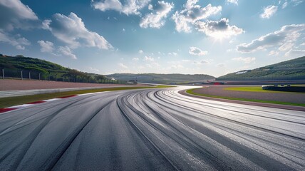A breathtaking view of an empty F1 track, showcasing sweeping tire marks on the asphalt under a vibrant sky filled with clouds. Perfect for motorsport enthusiasts.