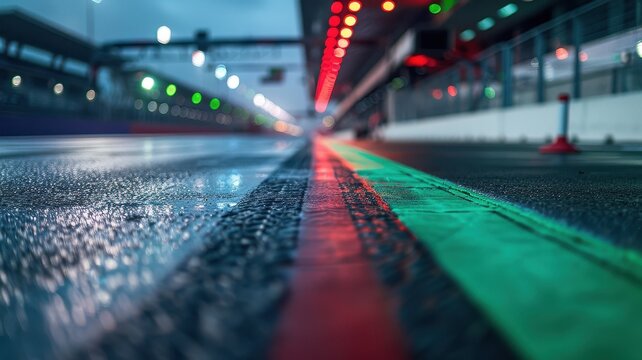 A vibrant shot of an empty pit lane exit on a wet racetrack, showcasing reflections from colorful lights and emphasizing the serene yet dynamic environment of motorsport.