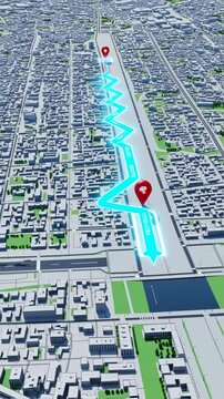 Dynamic aerial city navigation with route marker and path highlight