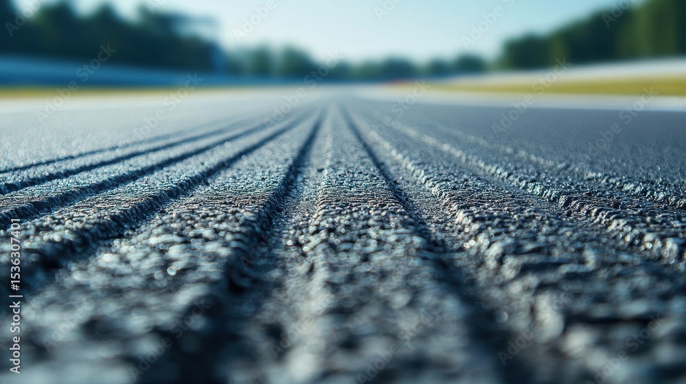 Wall mural close-up of an empty race track edge showcasing the textured surface and lines. the perspective emph