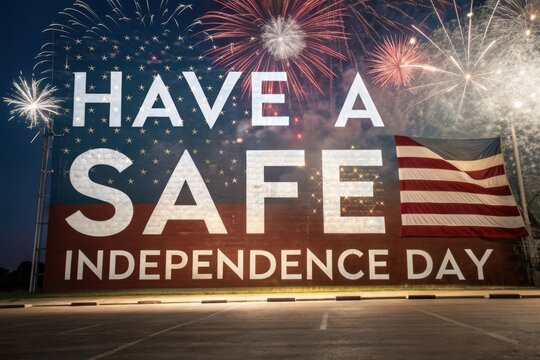 Patriotic fourth of july fireworks display with safety message