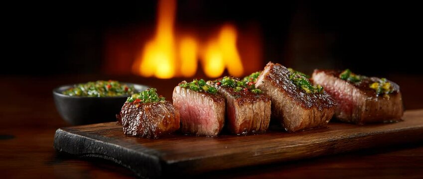 Sliced asado cooked beef steak on a cutting board.
