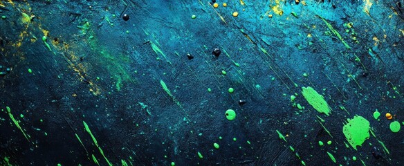Fototapeta premium Colorful Abstract Background with Splashes of Neon Green and Blue Paint on a Dark Canvas Surface