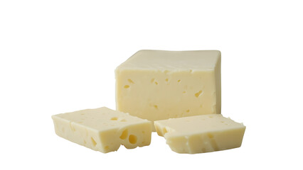 Close up shot of three pieces of cheese with holes on a white background in a studio setting