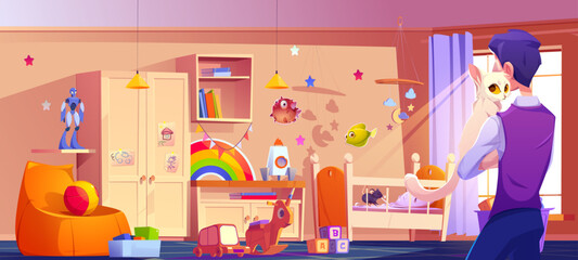Man stands with back holding white cat in colorful kid nursery where mouse chewing on bedding in crib. Room with wooden furniture, bookshelf filled with toys scattered below, decorated with stars