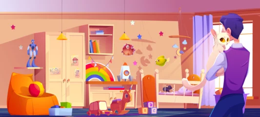 Fotobehang Man stands with back holding white cat in colorful kid nursery where mouse chewing on bedding in crib. Room with wooden furniture, bookshelf filled with toys scattered below, decorated with stars © klyaksun
