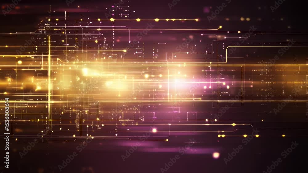 Poster futuristic tech. a golden glow emanates from circuit-like patterns on a pink-purple background