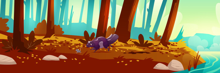 Fototapeta premium Autumn forest landscape with golden leaves scattered on brown ground, skunk hunting mouse through woods near flowing stream. chase scene in fall woodland with trees and bushes for cartoon game bg.
