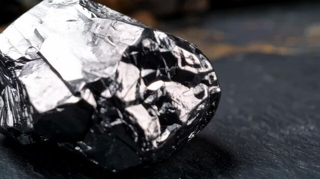 Close-up of a shiny, metallic black hematite mineral specimen on a dark slate surface under bright light in a studio setting