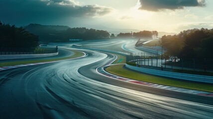Captivating view of a winding section at the Suzuka Circuit. The wet track glistens under the cloudy sky, perfect for motorsport enthusiasts and photographers alike.