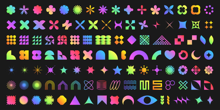Colorful neon brutalist shape collection on black background - colorful hearts and stars, suns and flowers, crosses and spirals. Geometric abstract elements for retro graphic design, modern patterns