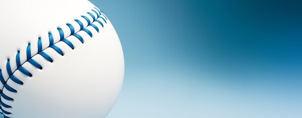 Close-up of white baseball with blue stitching on gradient blue background with copyspace for poster or banner design and sports promotion concept.
