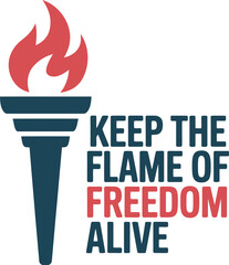 Modern torch icon in navy and red with strong free America message in a flat graphic layout  