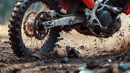 This image features a close-up shot of a wrecked motocross bike's front end, showcasing the dirt and debris kicked up during a thrilling ride. Perfect for sports enthusiasts.