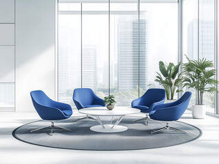 Modern Office Interior with Blue Armchairs and City View